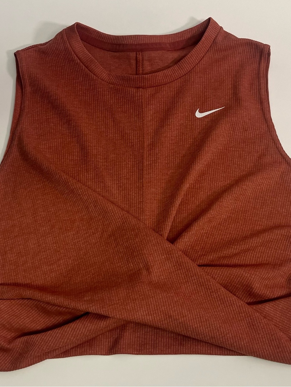 Nike Rust Ribbed Dri-FIT Twist-Front Tank with White Swoosh